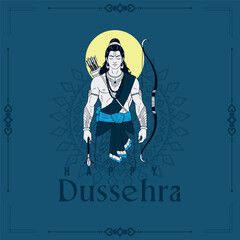 Regal illustration of Lord Rama standing, holding his bow and quiver. Features a yellow sun/halo, subtle mandala, and decorative borders on a deep blue background. Happy Dussehra greeting.