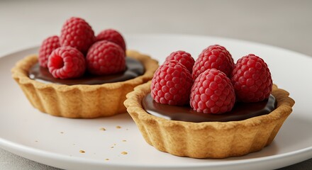 Delicious raspberry chocolate tarts on a white plate perfect for food photography