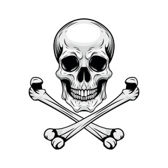 Detailed black and white tattoo illustration of a human skull and crossbones