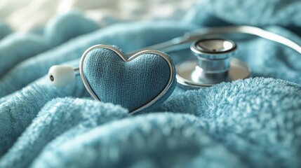 Heart and stethoscope on a blue towel represent healthcare and love