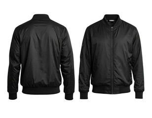 Black bomber jacket, front and back, against a dark background