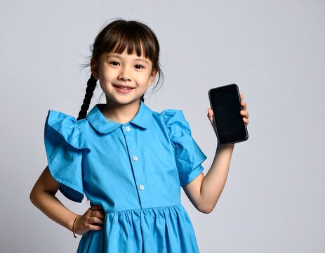 Child holding phone, smiling - Powered by Adobe