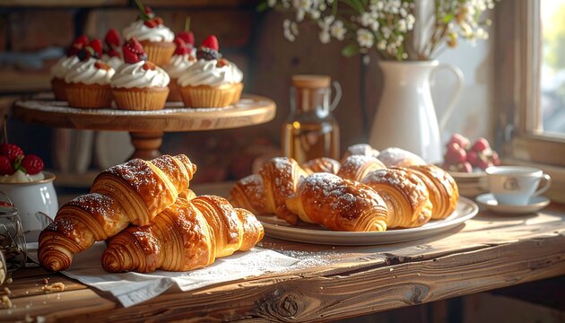 Rustic wooden table displays pastries, croissants, and cupcakes, bathed in sunlight