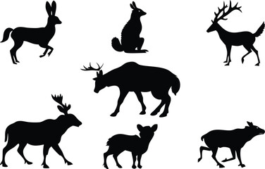 Collection of diverse wildlife animal silhouettes on white background