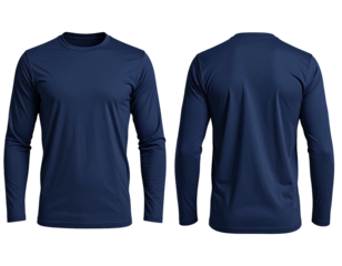 Front and back view of a dark navy blue long-sleeved crew neck shirt