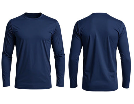 Front and back view of a dark navy blue long-sleeved crew neck shirt
