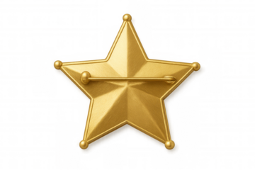 Golden star sheriff badge representing law enforcement authority and leadership on a transparent background
