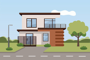 Modern City House. Urban Modern House Illustration. City Residential Modern Architecture. Green city. Home landscape.