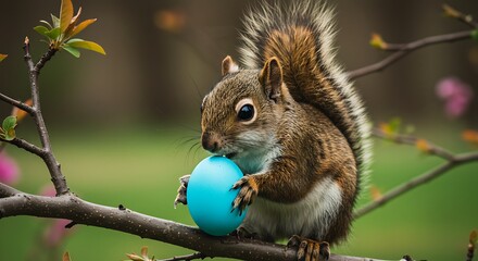 Squirrel inspects blue egg on branch surrounded by green foliage