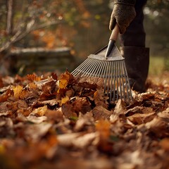 Person raking leaves in autumn