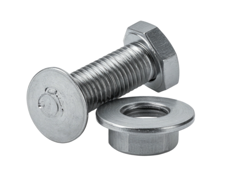 Close-up of a shiny metal bolt and its corresponding nut, isolated