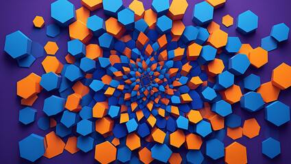 Abstract Hexagon Pattern Background with Blue and Orange Shapes on Purple