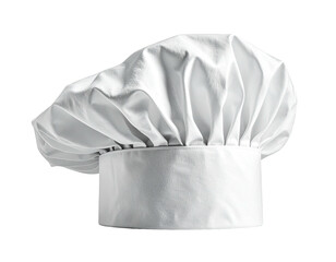 A close-up of a pristine, white, traditional cooking hat, isolated on black
