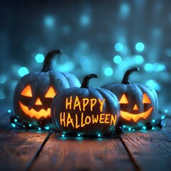 Halloween celebration with carved pumpkins and glowing happy Halloween lettering