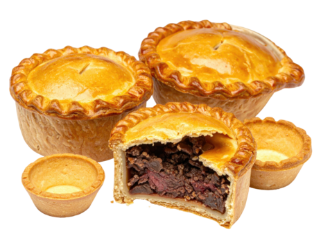 Several golden-brown, savory, round, handheld pies, one sliced open