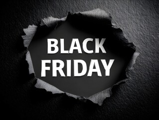 White torn hole in paper on black wall background with the writing BLACK FRIDAY