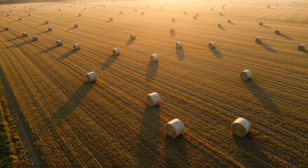 Golden Hay Bales in Sunrise Light Across Agricultural Field