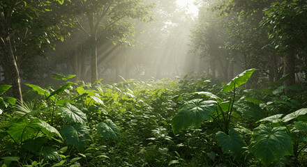 Fototapeta premium Tropical Rainforest with Sun Rays