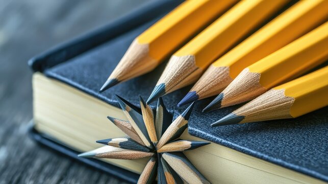 Yellow pencils on a book with pencil shavings creating a creative scene