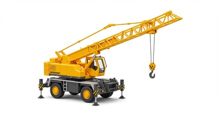 Obraz premium Vibrant yellow mobile crane model ready for heavy lifting against a clean white background in a brightly lit studio shot