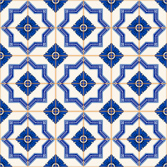 Gorgeous seamless pattern from dark blue and white Moroccan, Portuguese tiles, Azulejo, ornaments. Can be used for wallpaper, pattern fills, web page background,surface textures.