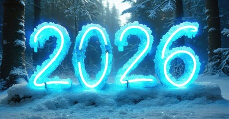 Bright glowing numbers display year 2026. Snowy forest background creates winter scene. Light radiates from icy digits.