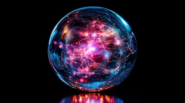 Abstract rendering of a colorful energy sphere against black bac