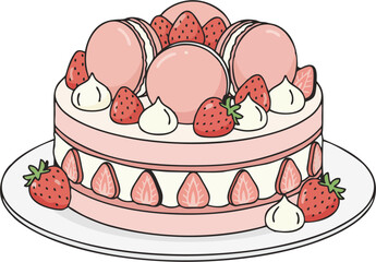 Fancy Strawberry Macaron Cake Vector Illustration – Layered Pink Cake with Whipped Cream and Fresh Strawberries