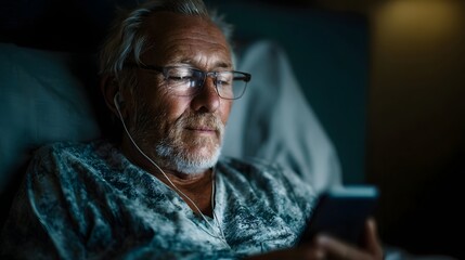 Elderly man in bed at night wearing glasses and headphones looking at a smartphone screen