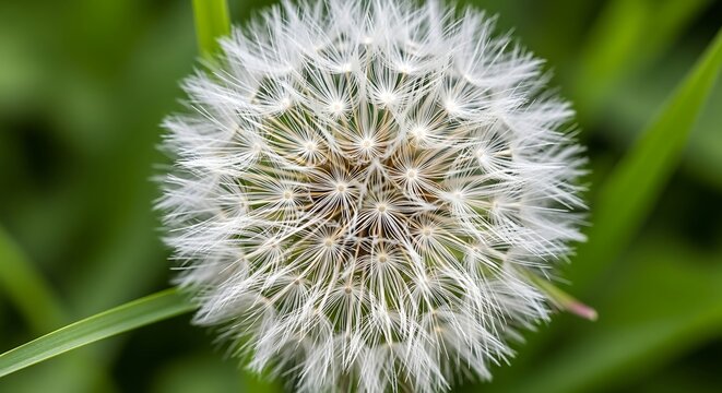 Closeup of a dandelion seed head with green grass