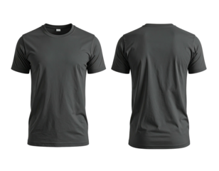 Two views of a dark gray short-sleeved crew neck shirt, front and back