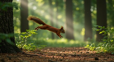 Obraz premium Squirrel leaping through sunlit forest path with vibrant green foliage
