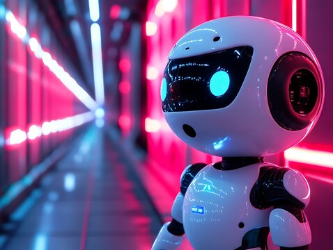 Futuristic humanoid robot in illuminated corridor of vibrant neon lights