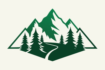 Mountain Landscape with Trees and Winding Path Silhouette Logo for Outdoors and Adventure Brand
