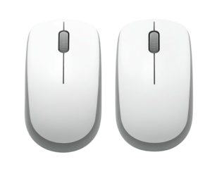 Two sleek, symmetrical white computer mice viewed from above against a black backdrop