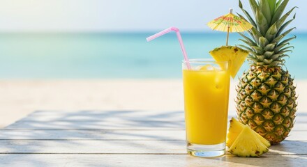 Refreshing Pineapple Drink on Beach with Umbrella and Fresh Fruit