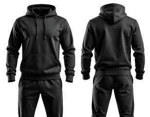 Front and back view of a sleek, black hoodie and matching sweatpants
