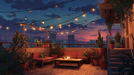 Obraz premium Evening relaxation on a secret rooftop terrace overlooking the city skyline