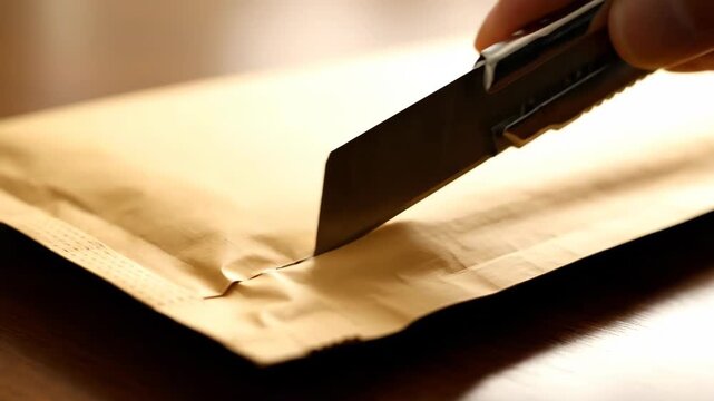 Opening Padded Envelope With Box Cutter Knife on Wooden Table in the Afternoon