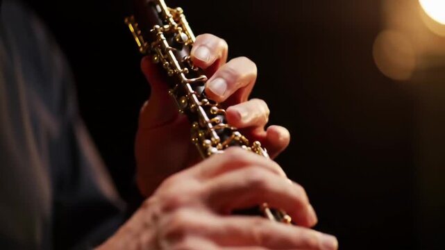 Musician's hands skillfully playing an oboe, close-up shot capturing the intricate fingerwork and the warm glow of stage lighting, showcasing the beauty of classical music performance, footage (33)