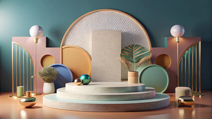 Contemporary podium display with geometric shapes and decorative elements, perfect for product...