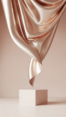 Rose Gold Silk Fabric Draping Over a White Cube Pedestal