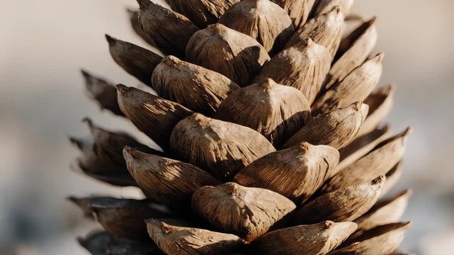 Close-up of a brown, textured pinecone with sunlight exposure