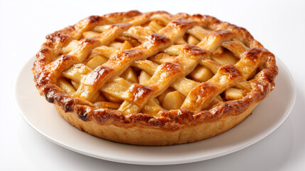 白い皿に盛られた熱々で焼きたての黄金色の編み込みパイ生地が特徴のクラシックなアップルパイ