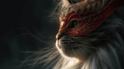 Elegant long-haired cat in shiny red masquerade mask with golden details, close-up portrait, cinematic lighting, soft shadows, photorealistic, luxurious mysterious mood