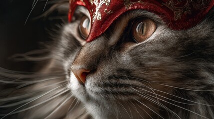 Elegant long-haired cat in shiny red masquerade mask with golden details, close-up portrait, cinematic lighting, soft shadows, photorealistic, luxurious mysterious mood