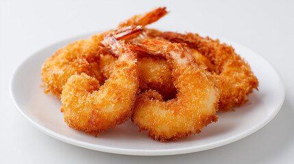 白い皿に盛られた尾付きで衣がサクサクの黄金色に揚がった海老フライ