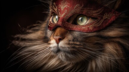 Elegant long-haired cat in shiny red masquerade mask with golden details, close-up portrait, cinematic lighting, soft shadows, photorealistic, luxurious mysterious mood