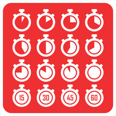 Stopwatch timer icon set showing time passing in increments of 15, 30, 45, and 60 seconds on a red background