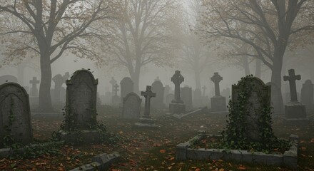 Spooky Old Graveyard with Ancient Tombstones in a Foggy Forest